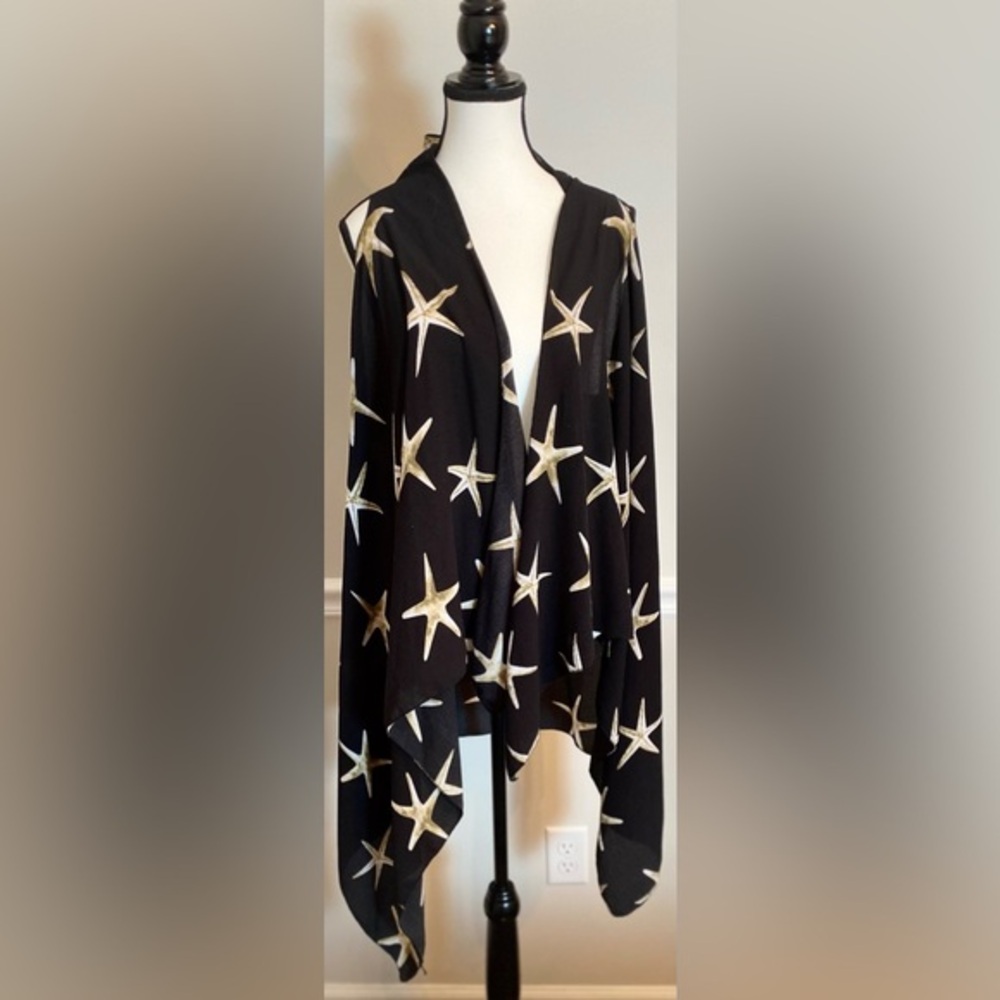 Janice Black Starfish Chiffon Sleeveless Kimono Coverup One Size OS Open Front